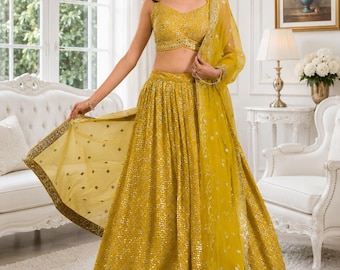 Yellow Mirror Work Lehenga Choli, Indian Wedding Guest Dress, Bridesmaid Lehenga, Designer Ethnic Outfit, Mehend, Party Wear Lehenga