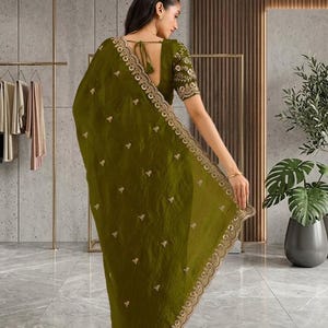Olive Green Saree, Embroidered Designer Saree, Indian Wedding Saree, Party Wear Saree, Festive Saree, Bridal Guest Outfit image 4