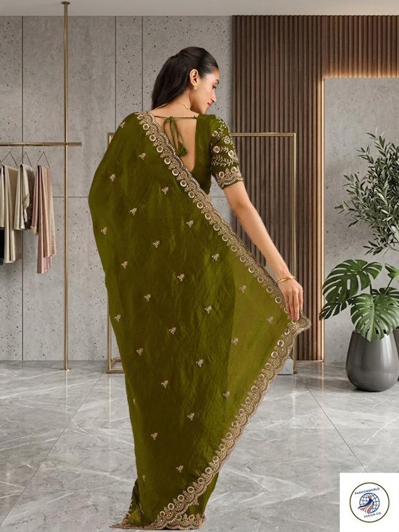 Olive Green Saree, Embroidered Designer Saree, Indian Wedding Saree, Party Wear Saree, Festive Saree, Bridal Guest Outfit image 4