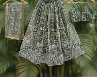 Green Embroidered Lehenga Choli for Women, Indian Wedding Lehenga Set, Designer Bridesmaid Outfit, Festive Party Wear Lehenga with Dupatta