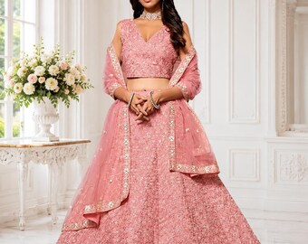 Rosa Braut-Lehenga Choli für Damen, bestickter Hochzeits-Lehenga, indisches Brautkleid, Designer-Empfangs-Lehenga, Festtagskleidung