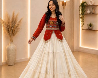 Navratri Lehenga Choli for Women, orange Kutchi Embroidered Top with White Flared Skirt, Garba Dress, Gujarati Traditional Outfit, Festival