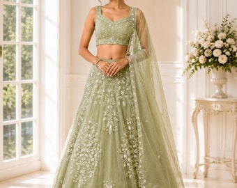 Sage Green Embroidered Lehenga Choli, Indian Wedding Lehenga, Designer Bridesmaid Dress, Reception Outfit, Festive Ethnic Wear