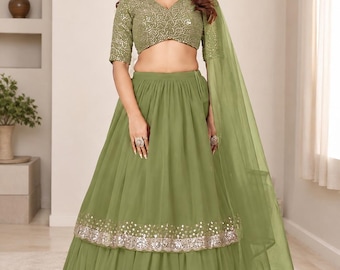 Sage Green Sequin Lehenga Choli, Embroidered Indian Wedding Outfit, Bridal Lehenga Skirt Set