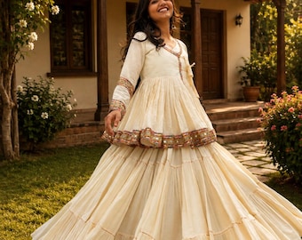 Ivory Anarkali Dress for Women, Traditional Indian Ethnic Wear, Embroidered Anarkali Suit, Festive Wedding Outfit, Boho Party Dress