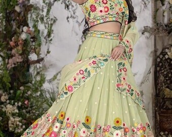 Pastel Green Floral Lehenga Choli for Women, Embroidered Indian Wedding Outfit, Designer Bridesmaid Lehenga with Dupatta