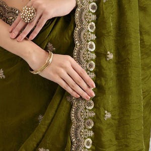 Olive Green Saree, Embroidered Designer Saree, Indian Wedding Saree, Party Wear Saree, Festive Saree, Bridal Guest Outfit image 6