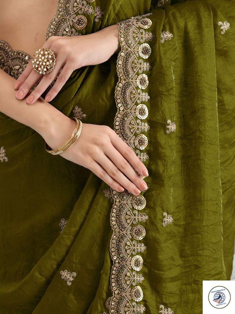 Olive Green Saree, Embroidered Designer Saree, Indian Wedding Saree, Party Wear Saree, Festive Saree, Bridal Guest Outfit image 6