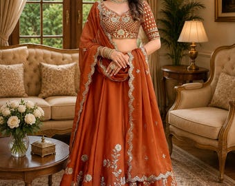 Rust Orange Lehenga Choli for Women, Embroidered Indian Wedding Lehenga, Bridesmaid Outfit, Festive Party Wear Lehenga Set, Designer  Wear