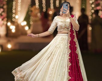 Ivory White Bridal Lehenga Choli with Maroon Dupatta, Embroidered Indian Wedding Lehenga, Bridesmaid Dress, Designer Reception Outfit