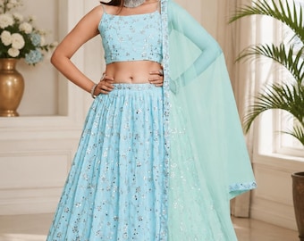 Himmelblauer, bestickter Lehenga Choli für Damen, indisches Hochzeits-Lehenga-Set, Designer-Brautjungfern-Outfit, pastellfarbener Party-Lehenga mit Dupatta