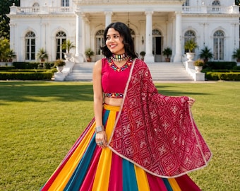Multicolor Navratri Lehenga Choli Set for Women, Traditional Gujarati Garba Outfit, Pink Mirror Work Blouse, Festival Wear Lehenga,