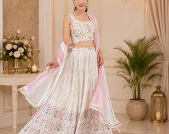 White Floral Lehenga Choli for Women, Pastel Indian Wedding Outfit