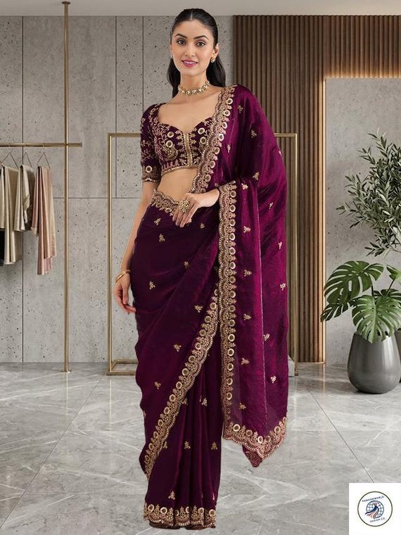 Plum Purple Embroidered Saree, Designer Indian Saree, Wedding Guest Saree, Party Wear Saree, Festive Saree, Reception Outfit