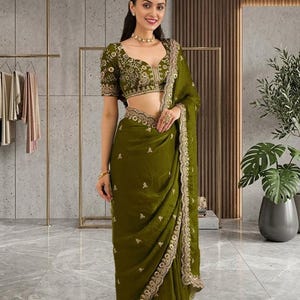 Olive Green Saree, Embroidered Designer Saree, Indian Wedding Saree, Party Wear Saree, Festive Saree, Bridal Guest Outfit image 3