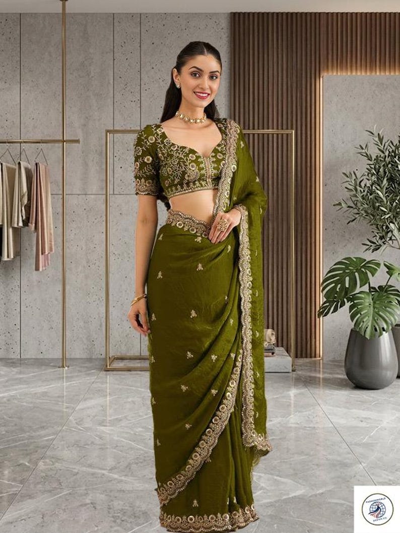 Olive Green Saree, Embroidered Designer Saree, Indian Wedding Saree, Party Wear Saree, Festive Saree, Bridal Guest Outfit image 3