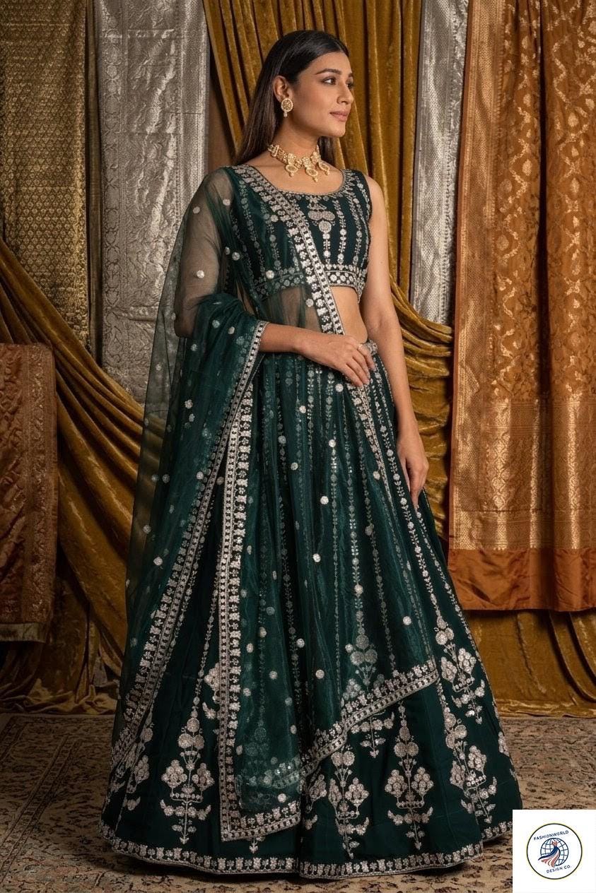 green dress art Embellished Green Blue Bridal Lehenga Choli for Indian Bridal Wear CUSTOM SIZE