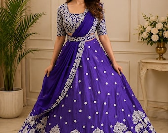 Purple Embroidered Lehenga Choli, Indian Wedding Outfit, Royal Blue Bridal Lehenga, Festive Party Wear Skirt Set
