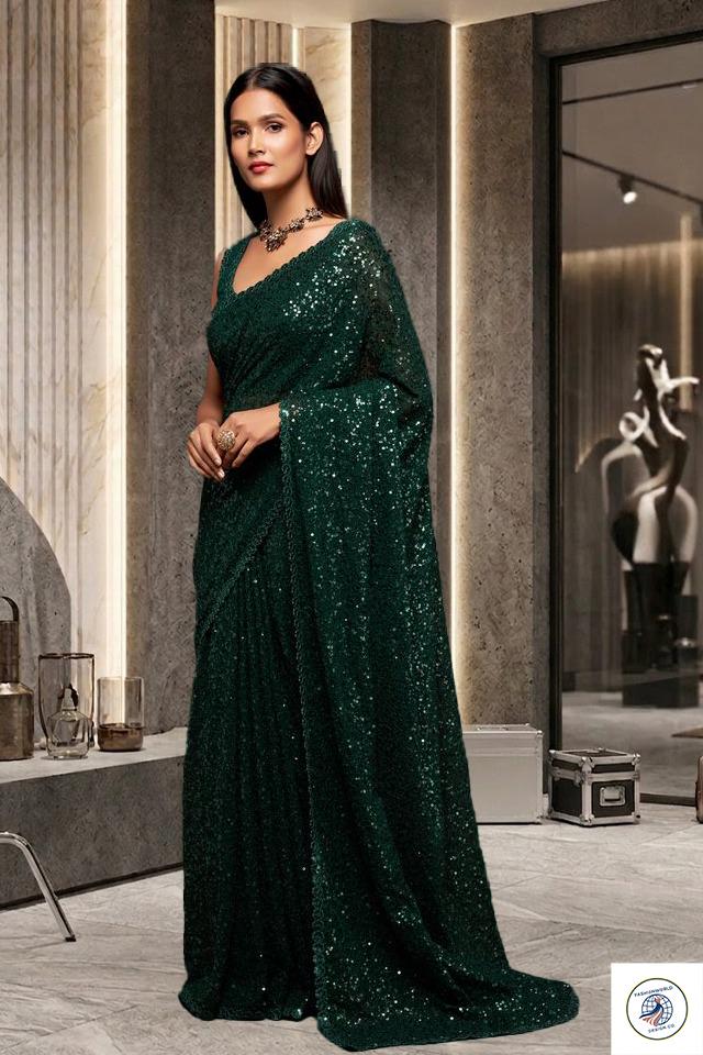 Dark Green Glitter Saree, Designer Sequin Saree, Bollywood Party Wear Saree, Wedding Guest Saree, Evening Reception Outfit,women saree