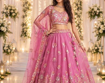 Pink Organza Lehenga Choli, Heavy Embroidery Mirror Work, Indian Wedding lehenga for women