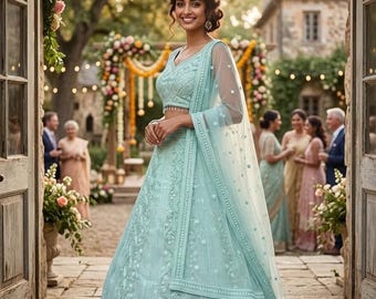 Himmelblaues Designer-Lehenga-Choli mit Schmetterlingsnetz, indisches Brautjungfern-Empfangsoutfit