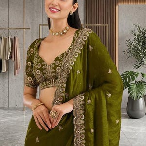 Olive Green Saree, Embroidered Designer Saree, Indian Wedding Saree, Party Wear Saree, Festive Saree, Bridal Guest Outfit image 5