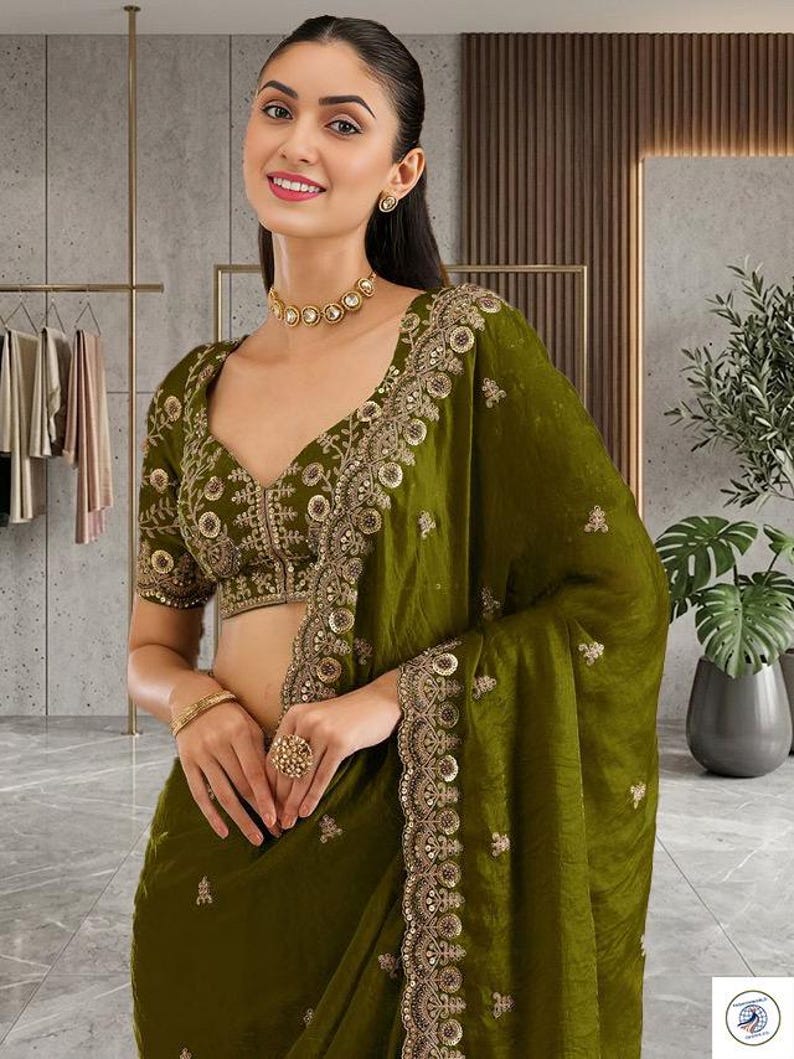 Olive Green Saree, Embroidered Designer Saree, Indian Wedding Saree, Party Wear Saree, Festive Saree, Bridal Guest Outfit image 5