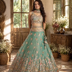 Designer mintgrönt lehenga choli-set, elegant indisk bröllopsoutfit för kvinnor, festlig etnisk klädsel organza lehenga choli med dupatta