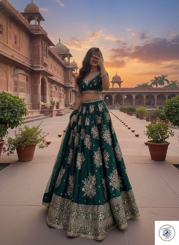 Dark Green Bridal Lehenga Choli, Heavy Golden Embroidery Wedding Lehenga, Indian Bridesmaid Outfit, Reception Dress