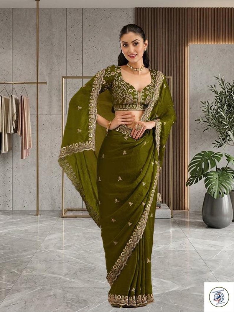 Olive Green Saree, Embroidered Designer Saree, Indian Wedding Saree, Party Wear Saree, Festive Saree, Bridal Guest Outfit image 2