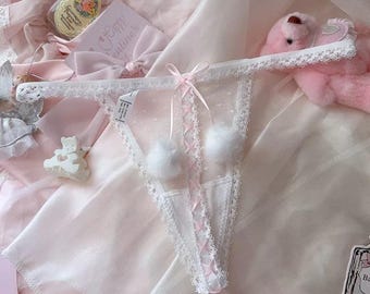 Braguitas tanga de encaje con lazo y pompón – Lencería suave para chicas, ropa interior kawaii, braguita sexy de malla transparente, regalo para ella.