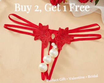 Tanga de perlas, bragas de encaje con forma de mariposa, lencería nupcial para la luna de miel, regalo sexy para ella, conjunto de lencería de San Valentín.