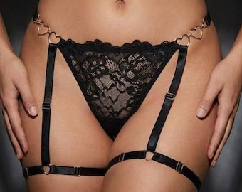 Tanga de encaje negro con arnés, lencería con tiras, bragas con tiras ajustables en las piernas, micro tanga sexy, regalo de luna de miel para ella