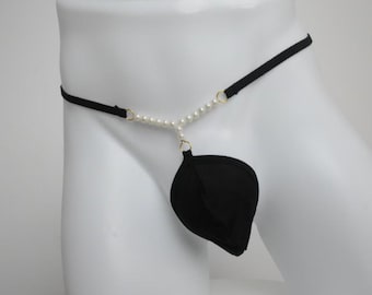 Tanga negra para hombre con detalle de perlas – Lencería exótica, diseño minimalista con bolsa, regalo para él.