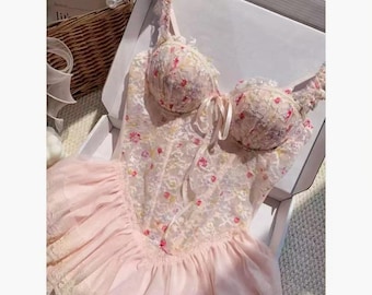 Conjunto de lencería de encaje floral, vestido babydoll rosa bordado, camisón de malla transparente, ropa de dormir romántica, lindo regalo de lencería nupcial para ella.
