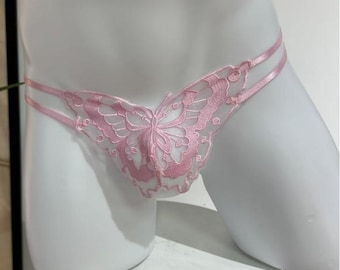 Tanga de encaje rosa para hombre, lencería sexy, regalo divertido para novio, regalo para parejas, ropa interior exótica, regalo de San Valentín