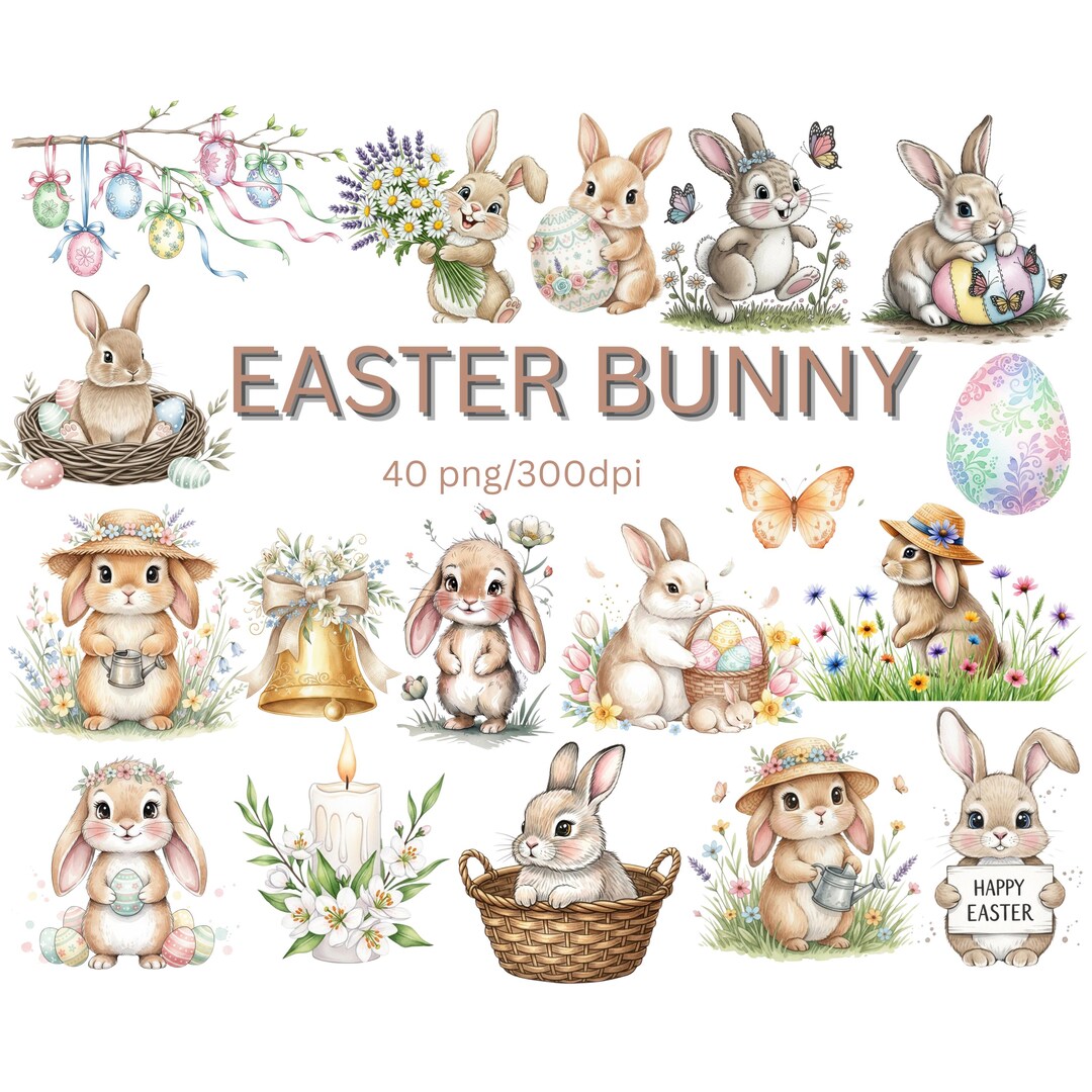 Easter Bunny PNG Clipart Bundle, Watercolor Spring Clipart, Digital ...