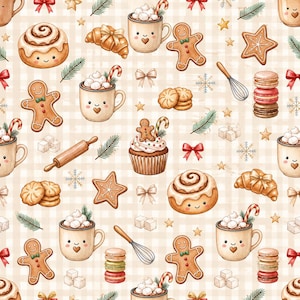 Christmas Baking Seamless Pattern, Watercolor Gingerbread Fabric Design (Digital Download)