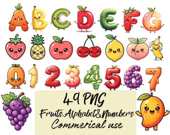 Kawaii Clipart-paket PNG – Söt kawaii-alfabet, siffror och fruktclipart | Pastelltecken | Direktnedladdning | Kommersiellt bruk