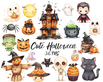 May include: Watercolor illustrations of Halloween-themed characters and objects. Includes a haunted house, ghosts, pumpkins, a black cat, a vampire, a cauldron, and a scarecrow. The text "Cute Halloween 36 PNG" is also present.