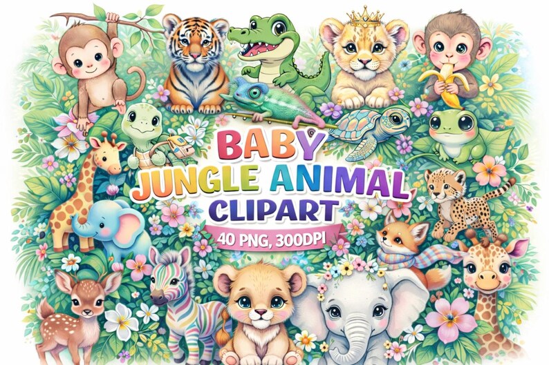 Cute Baby Jungle Animals Clipart PNG Bundle, Watercolor Safari Animal ...