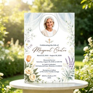 May include: A memorial service sign featuring a portrait of an older woman with white hair, a gold cross, and floral illustrations. The text reads: Celebrating the Life of Margaret Carter, March 22, 1945 - August 18, 2026, Memorial Service, August 30, 2026.