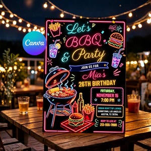 Let's Grill And Chill Birthday Invitation, Editable Neon BBQ Party Invite, Birthday Backyard Cookout Template, Printable Digital
