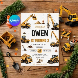 May include: A rectangular birthday invitation card featuring construction vehicle illustrations, including excavators and dump trucks. The text reads: OWEN IS TURNING 3, COME JOIN THE SITE, NOVEMBER, SATURDAY 26, 2PM TO 5PM, Willow Park Picnic Area, 789 Oakwood Drive, Chandler, Arizona 85224, RSVP to Mia at 480-123-7890.