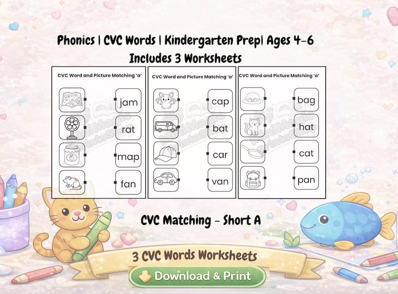 CVC Word and Picture Matching Worksheets – Short Vowel A – Ages 4-6 ...
