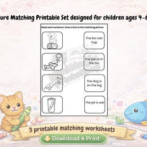 Puede incluir: Un conjunto imprimible de hojas de trabajo de emparejamiento de imágenes para niños de 4 a 6 años. La hoja de trabajo presenta ilustraciones de un cachorro, un avión, un zorro, un bolígrafo, un perro y un avión a reacción. El texto dice: "Lee cada frase. Dibuja una línea a la imagen correspondiente."