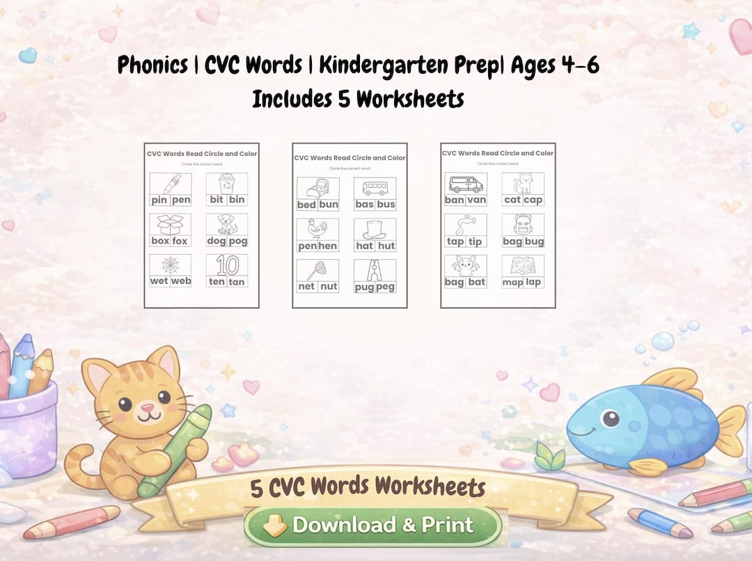 CVC Words Worksheets | Read, Circle & Color | Phonics Printable for Pre ...