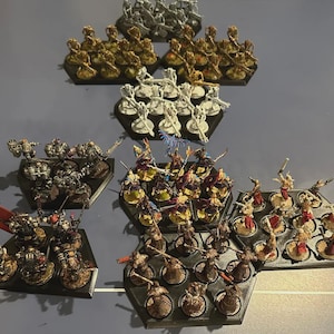 Puede incluir: Una colecci&oacute;n de figuras en miniatura, pintadas en varios colores, dispuestas en bandejas hexagonales negras. Las figuras representan personajes de fantas&iacute;a, incluyendo guerreros y criaturas, para juegos de mesa.