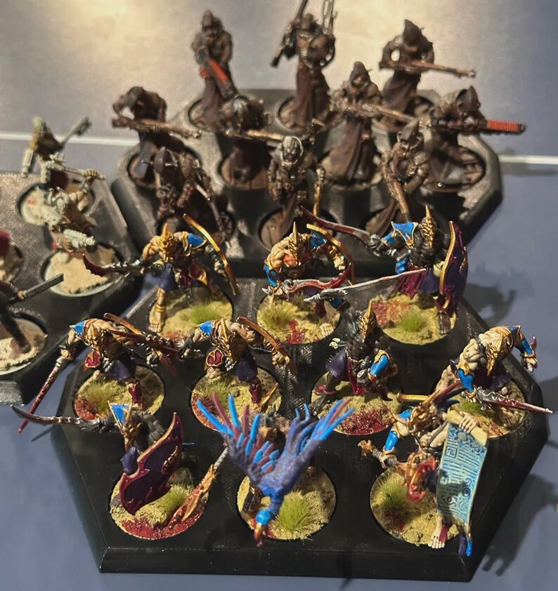 Puede incluir: Figuras en miniatura de guerreros de fantas&iacute;a, pintadas con detalles dorados, azules y rojos. Las figuras est&aacute;n dispuestas en bandejas hexagonales negras, algunas sosteniendo armas y escudos. Las bases est&aacute;n detalladas con hierba y manchas de sangre.
