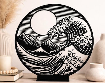 Hokusai inspirierte Wellen Kunst | 3D Gedruckter Japanischer Ozean Dekor, Minimalistische Darstellung